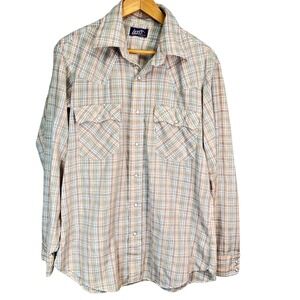 Vintage 1980s Levi's Western Plaid Pearl Snap Shirt Made in USA Men's Large
